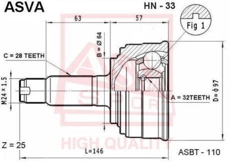 ШРУС НАРУЖНЫЙ 32x64x28 (HONDA CR-V RD1/RD2 1997-2001) ASVA HN-33