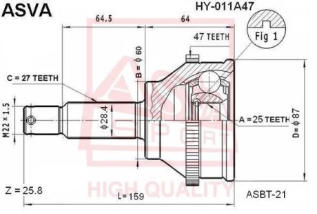 ШРУС НАРУЖНЫЙ 25x60x27 (HYUNDAI SONATA EF 2002-) ASVA HY-011A47