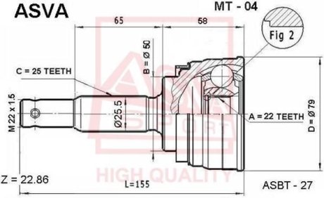 ШРУС НАРУЖНЫЙ 22x50x25 (MITSUBISHI LANCER/COLT C51A-C77A 1988-1995) ASVA MT-04