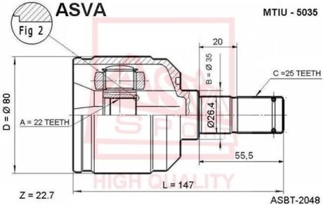 ШРУС ВНУТРЕННИЙ 22x35x25 (HYUNDAI ACCENT/EXCEL 1994-1999) ASVA MTIU-5035