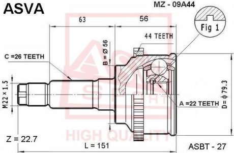 ШРУС НАРУЖНЫЙ 22X56X26 (MAZDA 323 BA 1994-1998) ASVA MZ-09A44