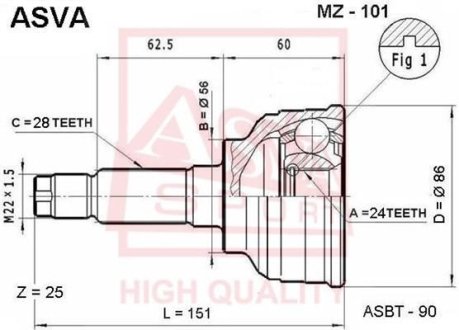 ШРУС НАРУЖНЫЙ 24X56X28 (KIA CLARUS (K9A) 1996-) ASVA MZ-101