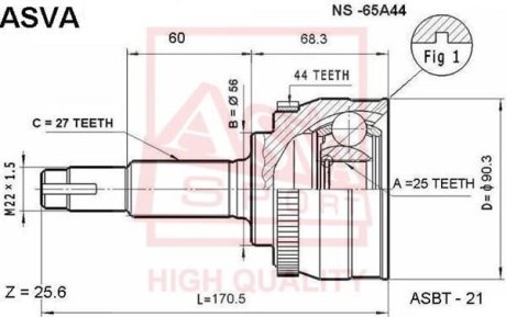 ШРУС НАРУЖНЫЙ 25X56X27 (NISSAN PRIMERA P11 1996-2001) ASVA NS-65A44 (фото 1)