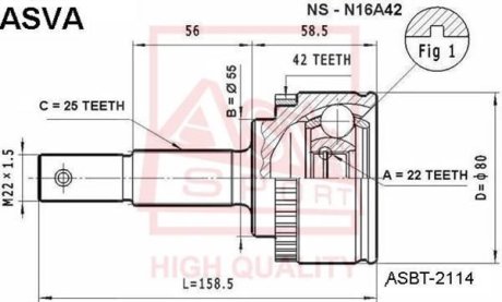 ШРУС НАРУЖНЫЙ 22x55x25 (NISSAN ALMERA N16 (UKP) 2000-2006) ASVA NS-N16A42 (фото 1)