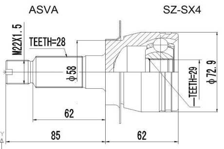 ШРУС НАРУЖНЫЙ 29x58x28 (SUZUKI SX4 RW415/RW416/RW419/RW420 2006-) ASVA SZ-SX4