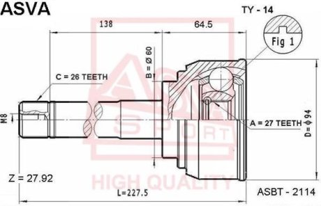 ШРУС НАРУЖНЫЙ 27X60X26 (TOYOTA HILUX KDN165/LN167 1999-2005) ASVA TY-14 (фото 1)