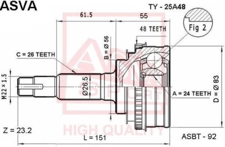 ШРУС НАРУЖНЫЙ 24X56X26 (TOYOTA CALDINA ST215/CT216 4WD 1997-2002) ASVA TY-25A48