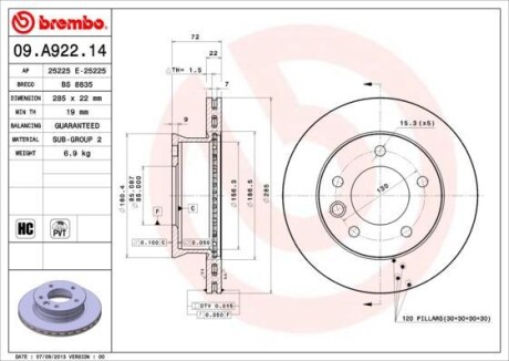 Гальмівний диск BREMBO 09A92214