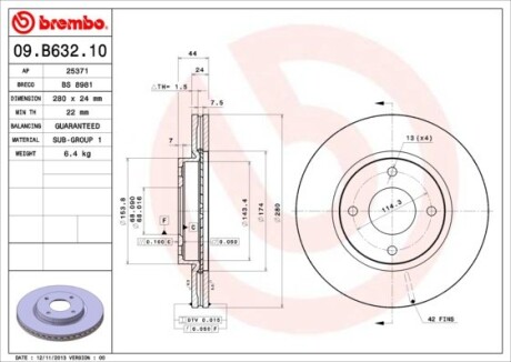 Диск гальмівний NISSAN TIIDA 1.5-1.8 07-, CUBE 1.5 1.6 2010 - передн. BREMBO 09.B632.10