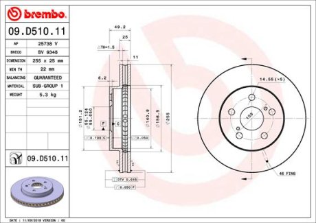 Диск гальмівний передній BREMBO 09D51011