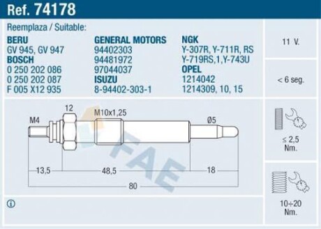 Свічка розжарювання FAE 74178