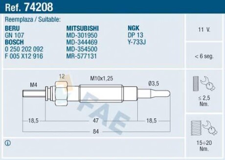 Свічка розжарювання FAE 74208