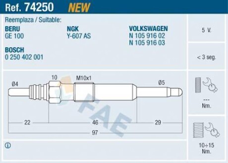 Свічка розжарювання FAE 74250