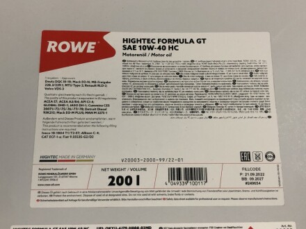 Олива моторна HIGHTEC FORMULA GT SAE 10W-40 HC (200 L) ROWE 20003-2000-99