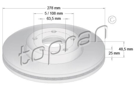 Диск тормозной (передний) Ford C-Max 07-/Focus II/III 04- (278x25) (с покрытием) (вентилируемый) TOPRAN / HANS PRIES 304728