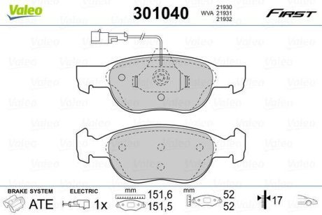 Колодки гальмівні FIAT P. BRAVO/BRAVA/MAREA 95-02 Valeo 301040