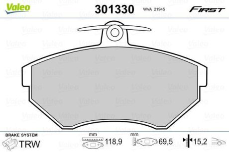 Колодки гальмівні VW P. CADDY/GOLF/PASSAT/POLO 91-04 Valeo 301330