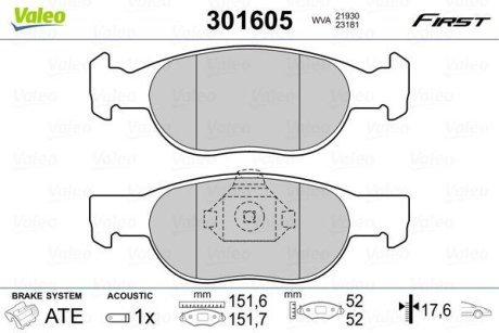 Колодки гальмівні FIAT P. PUNTO 1,2 16V 99- Valeo 301605