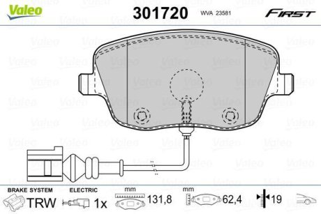 Колодки гальмівні SKODA P. FABIA/ROOMSTER 99- Z CZUJNIKIEM Valeo 301720