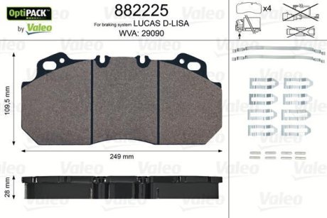 Комплект гальмівних колодок, дискове гальмо, RVI Magnum Premium 249x110x28 Valeo 882225